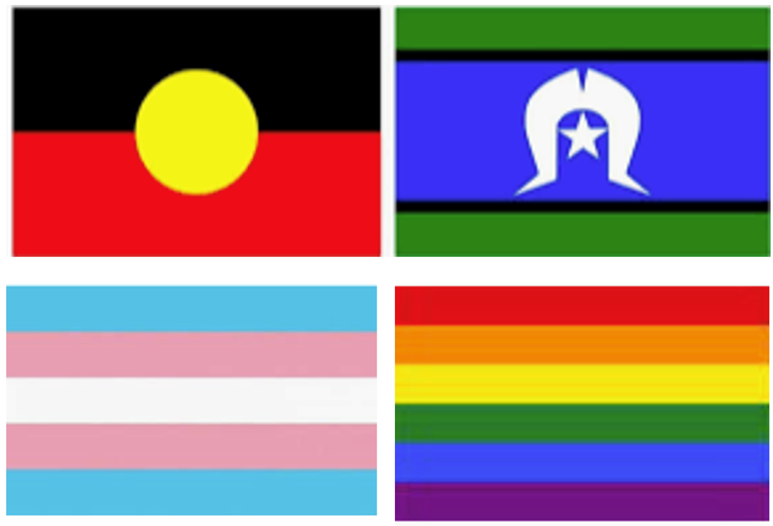 Aboriginal, Torres Strait Islander, Transgender and Pride flags displayed in a grid
